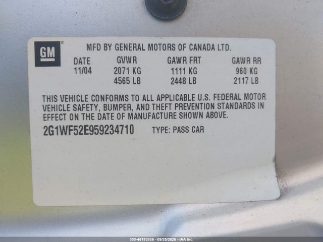 46193886 :رقم المزاد ، 2G1WF52E959234710 vin ، 2005 Chevrolet Impala مزاد بيع