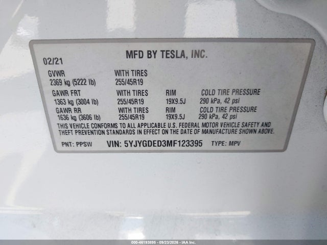Продаж на аукціоні авто 2021 Tesla Model Y Standard Range, vin: 5YJYGDED3MF123395, номер лоту: 46193895