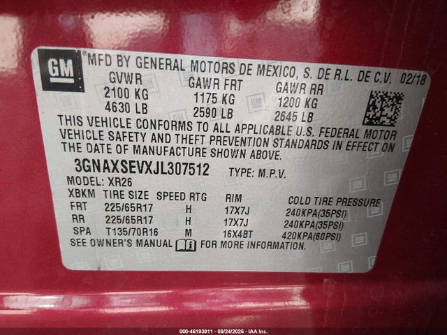 46193911 :رقم المزاد ، 3GNAXSEVXJL307512 vin ، 2018 Chevrolet Equinox Lt مزاد بيع