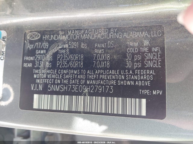 Aukcja sprzedaży 2009 Hyundai Santa Fe Limited, vin: 5NMSH73E09H279173, numer aukcji: 46193918