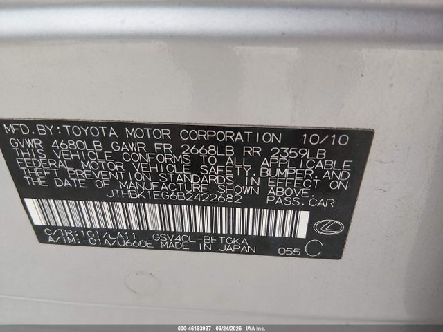 Auction sale of the 2011 Lexus Es 350, vin: JTHBK1EG6B2422682, lot number: 46193937