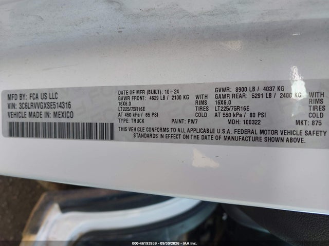 46193939 :رقم المزاد ، 3C6LRVVGXSE514316 vin ، 2025 Ram Promaster 2500 Tradesman Low Roof 136 Wb W/pass Seat مزاد بيع