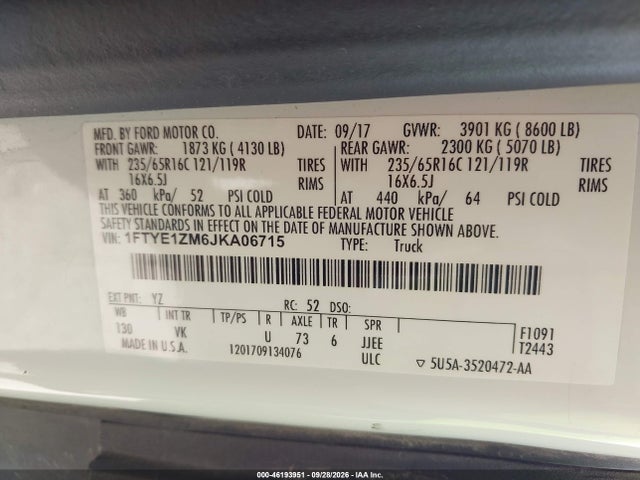 Продаж на аукціоні авто 2018 Ford Transit-150, vin: 1FTYE1ZM6JKA06715, номер лоту: 46193951