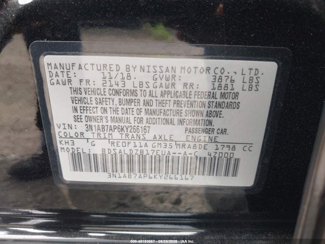 Продажа на аукционе авто 2019 Nissan Sentra Sv, vin: 3N1AB7AP6KY266167, номер лота: 46193967