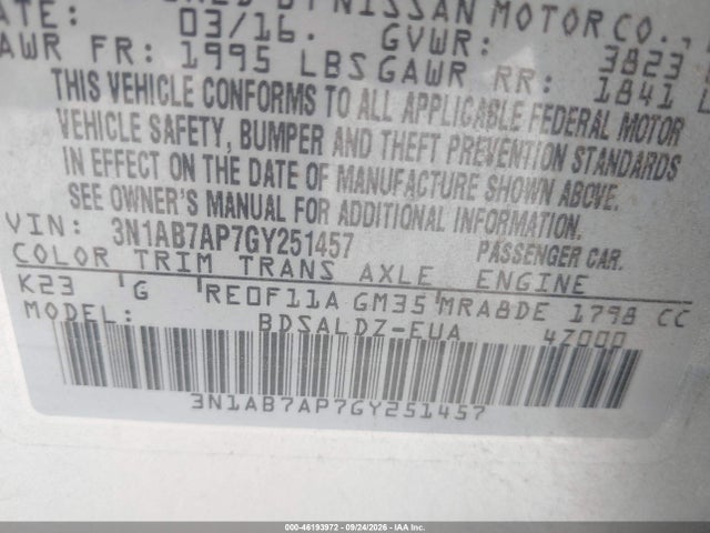 46193972 :رقم المزاد ، 3N1AB7AP7GY251457 vin ، 2016 Nissan Sentra Sv مزاد بيع