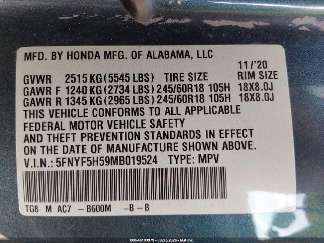 46193979 :رقم المزاد ، 5FNYF5H59MB019524 vin ، 2021 Honda Piloto 2wd Ex-l مزاد بيع