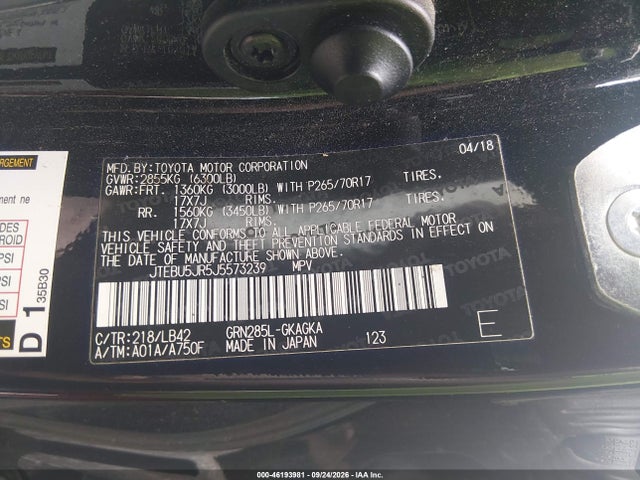 Продаж на аукціоні авто 2018 Toyota 4runner Sr5 Premium, vin: JTEBU5JR5J5573239, номер лоту: 46193981
