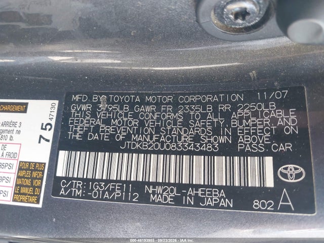Продажа на аукционе авто 2008 Toyota Prius, vin: JTDKB20U083343483, номер лота: 46193985