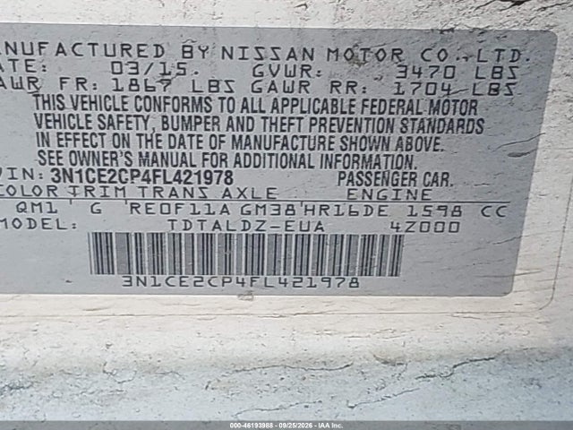 Aukcja sprzedaży 2015 Nissan Versa Note S/s Plus/sl/sr/sv, vin: 3N1CE2CP4FL421978, numer aukcji: 46193988