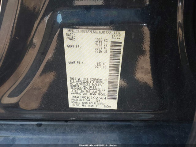 Продажа на аукционе авто 2014 Nissan Altima 2.5 S, vin: 1N4AL3AP5EC192584, номер лота: 46193994