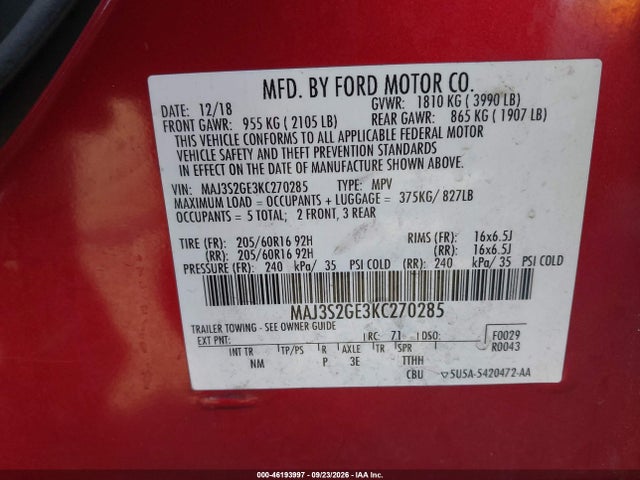 Продажа на аукционе авто 2019 Ford Ecosport Se, vin: MAJ3S2GE3KC270285, номер лота: 46193997