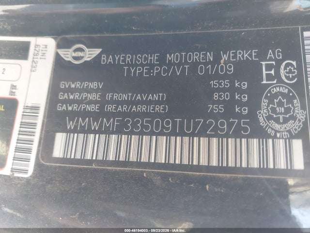 2009 Mini Cooper Hardtop მანქანა იყიდება აუქციონზე, vin: WMWMF33509TU72975, აუქციონის ნომერი: 46194003