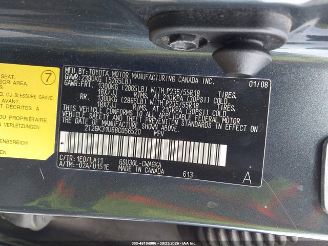 Aukcja sprzedaży 2008 Lexus Rx 350, vin: 2T2GK31U68C056520, numer aukcji: 46194006