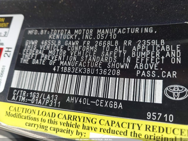 46194041 :رقم المزاد ، 4T1BB3EK3BU136208 vin ، 2011 Toyota Camry Hybrid مزاد بيع