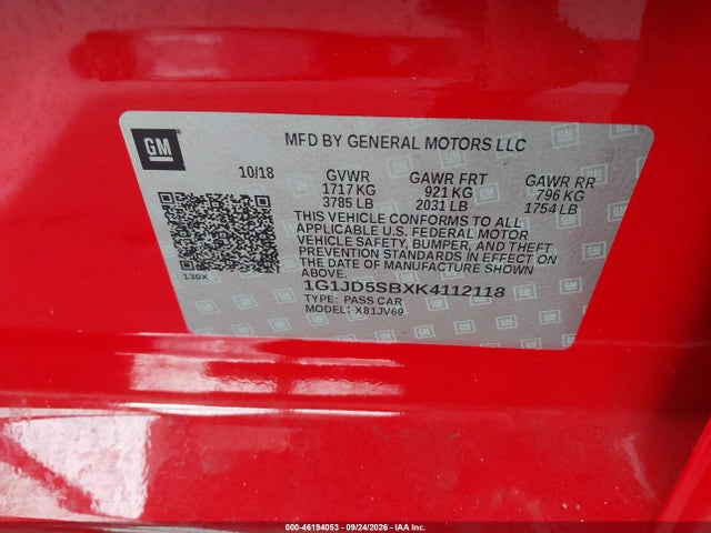 46194053 :رقم المزاد ، 1G1JD5SBXK4112118 vin ، 2019 Chevrolet Sonic Lt Auto مزاد بيع