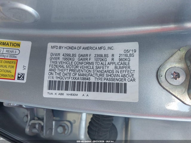 Продаж на аукціоні авто 2019 Honda Accord Lx, vin: 1HGCV1F1XKA108645, номер лоту: 46194064