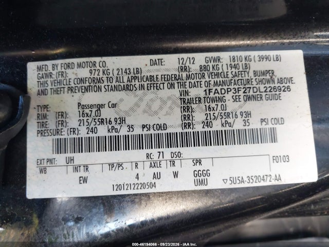 46194066 :رقم المزاد ، 1FADP3F27DL226926 vin ، 2013 Ford Focus Se مزاد بيع