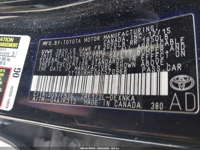 Aukcja sprzedaży 2016 Toyota Corolla Le, vin: 2T1BURHE0GC570968, numer aukcji: 46194070
