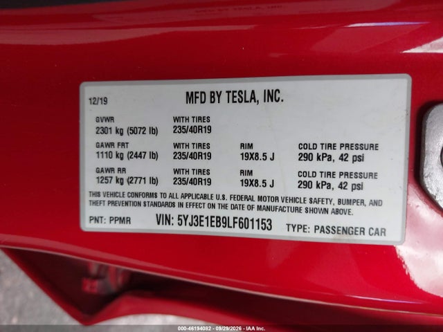 Tesla Model 3 Long Range Dual Motor All-wheel Drive 2020 5YJ3E1EB9LF601153 Image 9