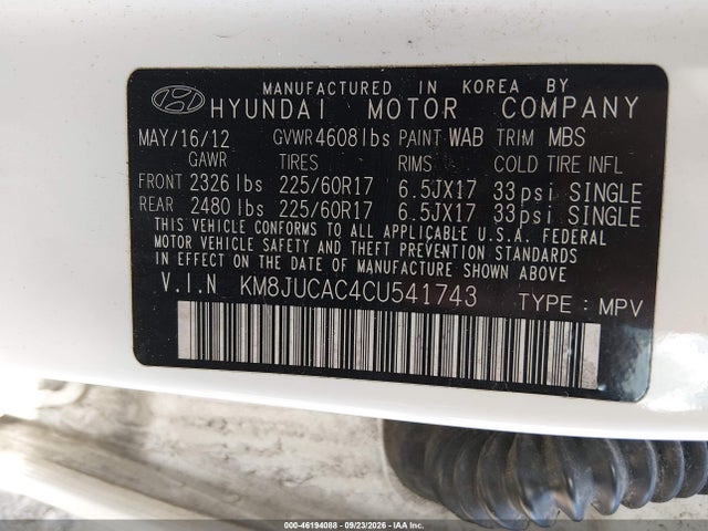 46194088 :رقم المزاد ، KM8JUCAC4CU541743 vin ، 2012 Hyundai Tucson Gls مزاد بيع