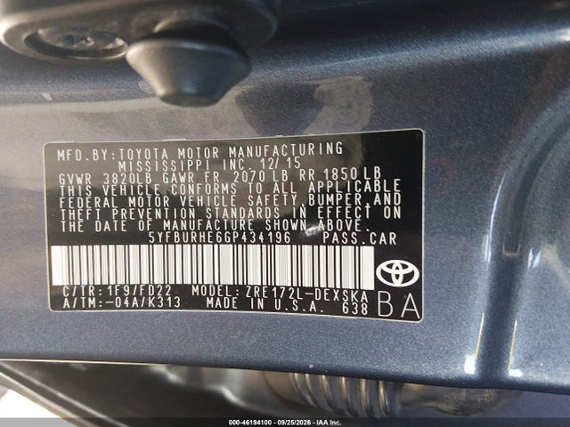 46194100 :رقم المزاد ، 5YFBURHE6GP434196 vin ، 2016 Toyota Corolla S Plus مزاد بيع