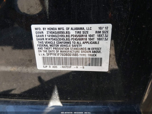 Продажа на аукционе авто 2013 Honda Ridgeline Sport, vin: 5FPYK1F76DB001885, номер лота: 46194108