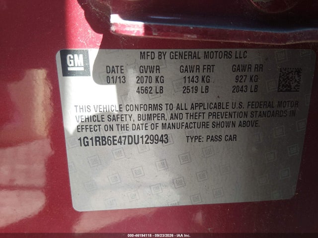 2013 Chevrolet Volt მანქანა იყიდება აუქციონზე, vin: 1G1RB6E47DU129943, აუქციონის ნომერი: 46194118