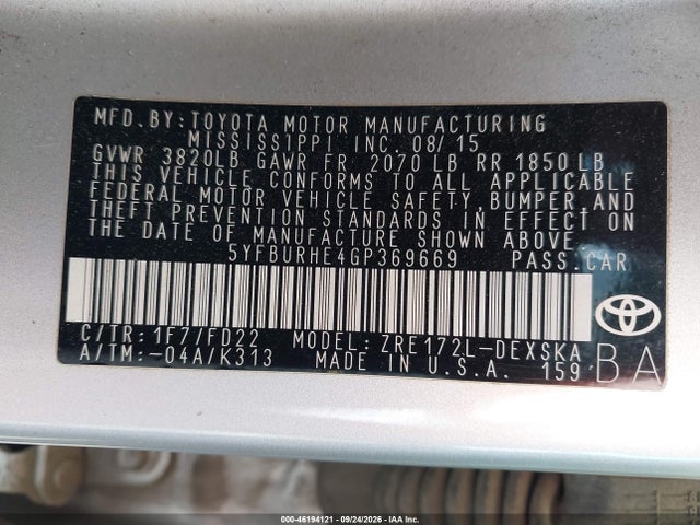 2016 Toyota Corolla S Plus მანქანა იყიდება აუქციონზე, vin: 5YFBURHE4GP369669, აუქციონის ნომერი: 46194121