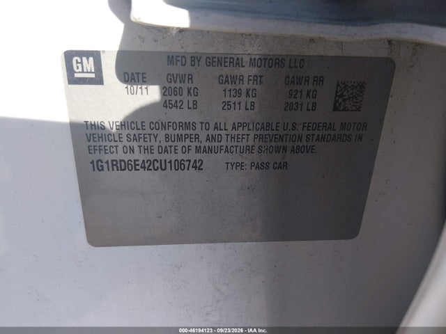 Продаж на аукціоні авто 2012 Chevrolet Volt, vin: 1G1RD6E42CU106742, номер лоту: 46194123