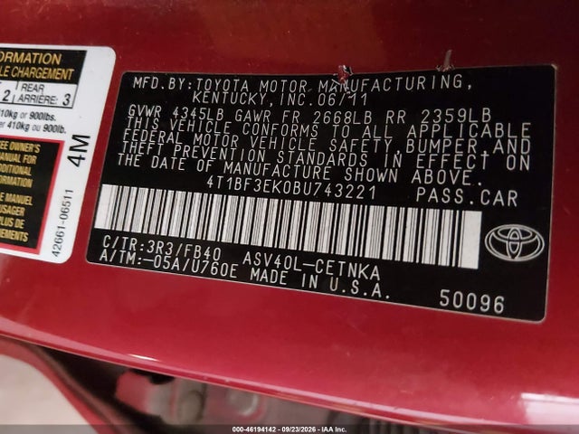 Aukcja sprzedaży 2011 Toyota Camry Le, vin: 4T1BF3EK0BU743221, numer aukcji: 46194142