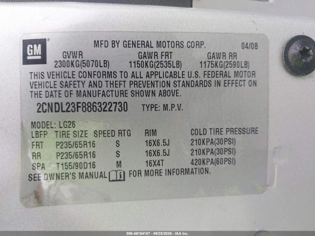 2008 Chevrolet Equinox Ls მანქანა იყიდება აუქციონზე, vin: 2CNDL23F886322730, აუქციონის ნომერი: 46194157