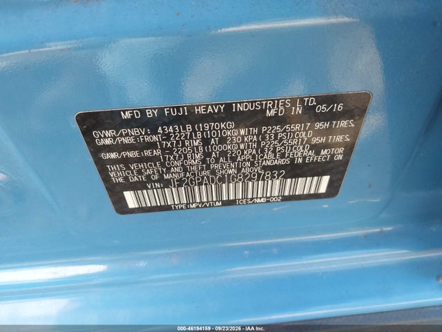 2016 Subaru Crosstrek Premium მანქანა იყიდება აუქციონზე, vin: JF2GPADC1G8297832, აუქციონის ნომერი: 46194159