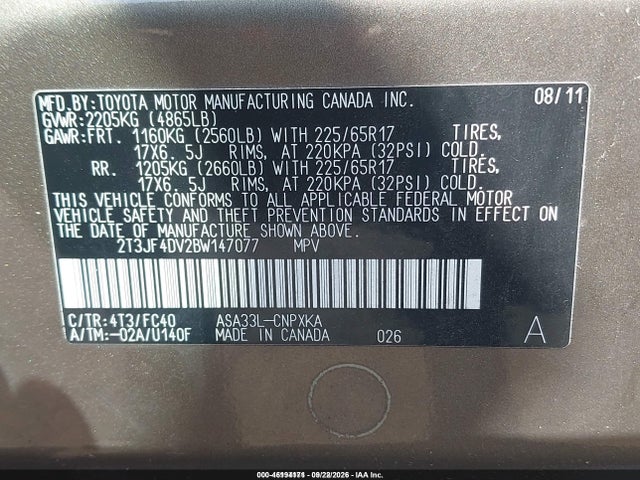 Продажа на аукционе авто 2011 Toyota Rav4, vin: 2T3JF4DV2BW147077, номер лота: 46194171