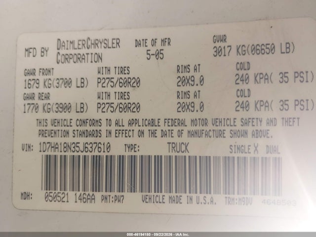 46194180 :رقم المزاد ، 1D7HA18N35J637610 vin ، 2005 Dodge Ram 1500 Slt/laramie مزاد بيع