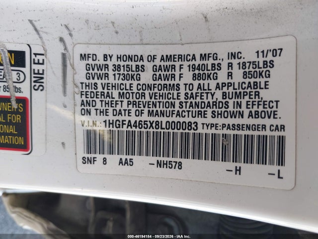 Продажа на аукционе авто 2008 Honda Civic Sdn Gx, vin: 1HGFA465X8L000083, номер лота: 46194184
