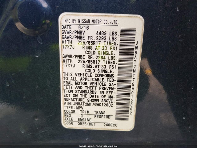 Auction sale of the 2016 Nissan Rogue Sv, vin: JN8AT2MT7GW012802, lot number: 46194187