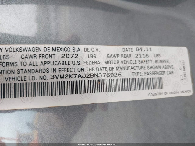 Aukcja sprzedaży 2011 Volkswagen Jetta 2.0l S, vin: 3VW2K7AJ2BM376926, numer aukcji: 46194197