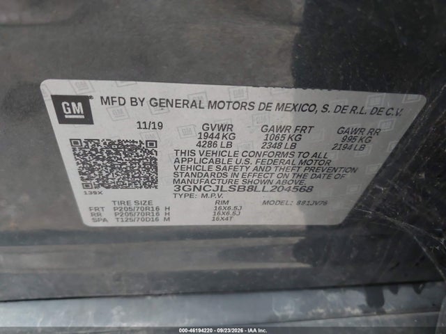 46194220 :رقم المزاد ، 3GNCJLSB8LL204568 vin ، 2020 Chevrolet Trax Fwd Lt مزاد بيع