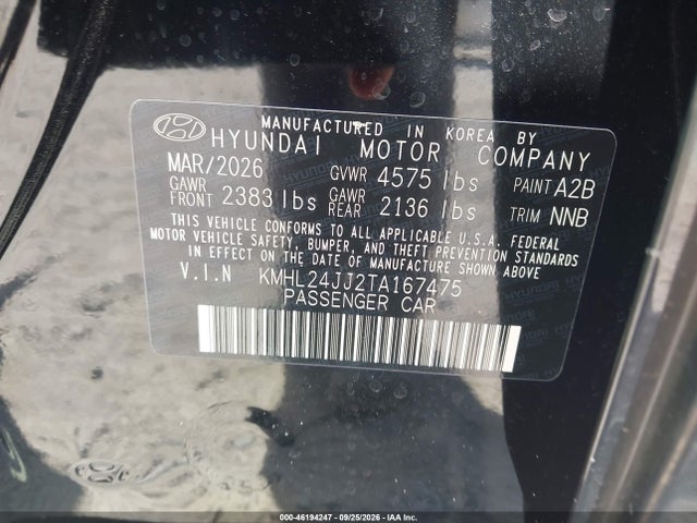 Продажа на аукционе авто 2026 Hyundai Sonata Hybrid Blue, vin: KMHL24JJ2TA167475, номер лота: 46194247