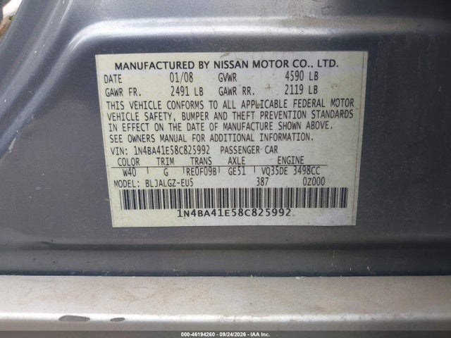 46194260 :رقم المزاد ، 1N4BA41E58C825992 vin ، 2008 Nissan Maxima 3.5 Sl مزاد بيع