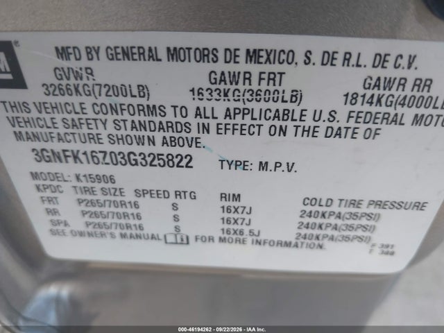 46194262 :رقم المزاد ، 3GNFK16Z03G325822 vin ، 2003 Chevrolet Suburban 1500 Ls مزاد بيع