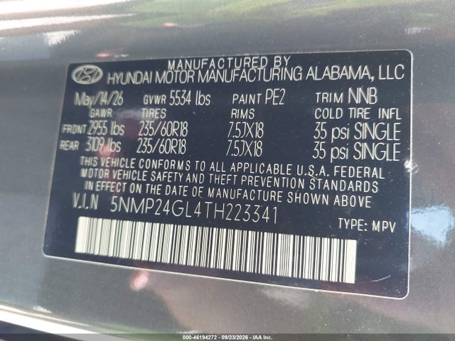 Продажа на аукционе авто 2026 Hyundai Santa Fe Sel, vin: 5NMP24GL4TH223341, номер лота: 46194272