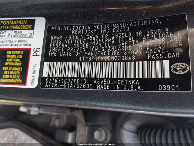 Aukcja sprzedaży 2013 Toyota Camry Le, vin: 4T1BF1FK2DU230848, numer aukcji: 46194286