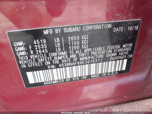 46194289 :رقم المزاد ، 4S3BNAF66K3015311 vin ، 2019 Subaru Legacy 2.5i Premium مزاد بيع