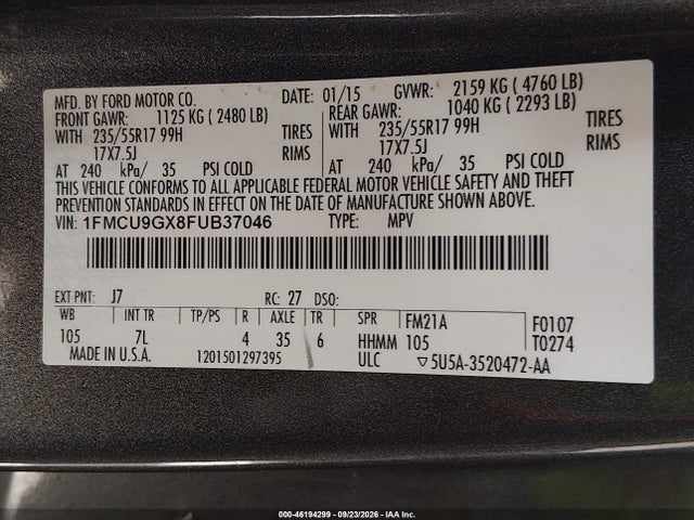 Aukcja sprzedaży 2015 Ford Escape Se, vin: 1FMCU9GX8FUB37046, numer aukcji: 46194299