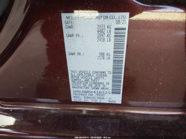 Продажа на аукционе авто 2025 Nissan Altima Sv Awd, vin: 1N4BL4DW8SN416525, номер лота: 46194313