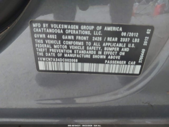 46194331 :رقم المزاد ، 1VWCN7A34DC002058 vin ، 2013 Volkswagen Passat Tdi Sel Premium مزاد بيع