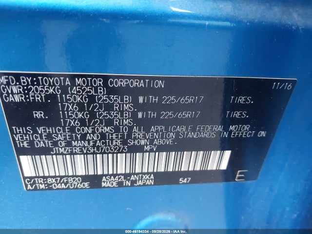 2017 Toyota Rav4 Le მანქანა იყიდება აუქციონზე, vin: JTMZFREV3HJ703273, აუქციონის ნომერი: 46194334