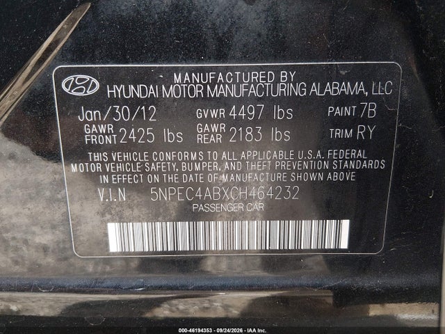 2012 Hyundai Sonata Limited 2.0t მანქანა იყიდება აუქციონზე, vin: 5NPEC4ABXCH464232, აუქციონის ნომერი: 46194353