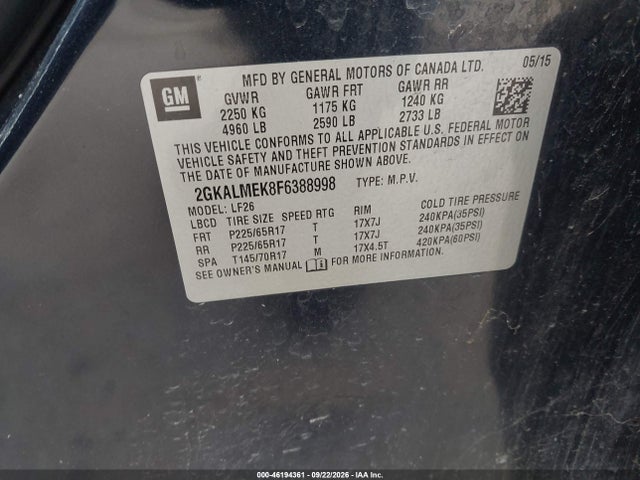 Aukcja sprzedaży 2015 Gmc Terrain Sle-1, vin: 2GKALMEK8F6388998, numer aukcji: 46194361